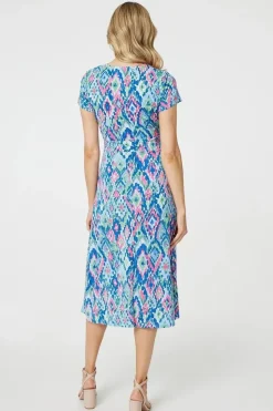 Printed Ruched Faux-Wrap Midi Dress