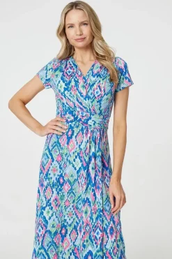 Printed Ruched Faux-Wrap Midi Dress