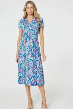 Printed Ruched Faux-Wrap Midi Dress