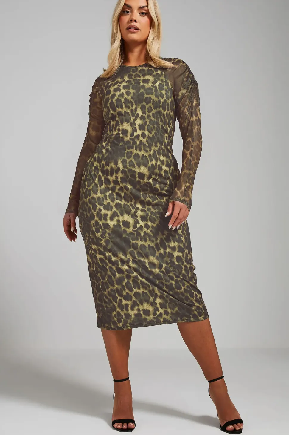 Printed Ruched Sleeve Midi Dress