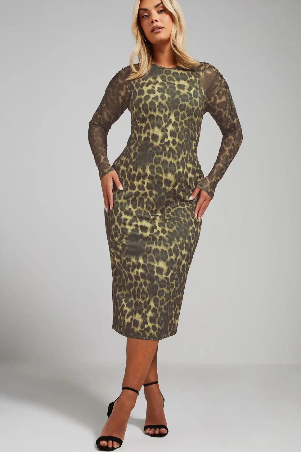 Printed Ruched Sleeve Midi Dress