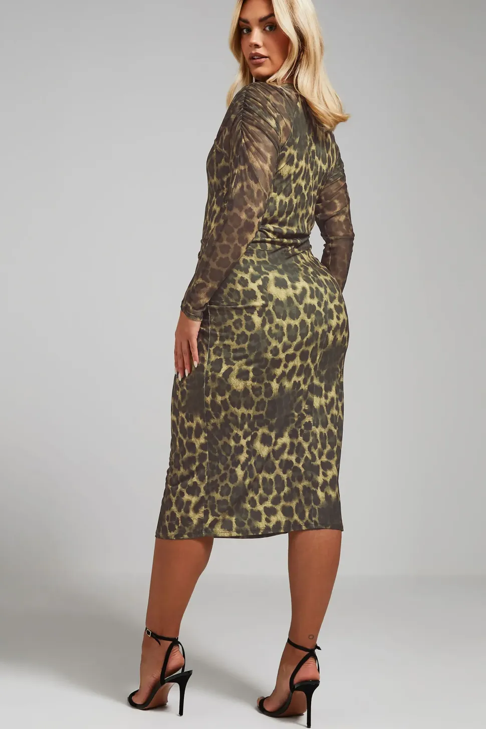 Printed Ruched Sleeve Midi Dress