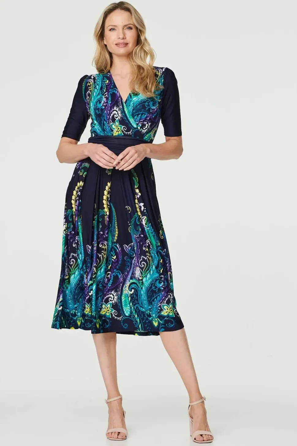 Printed Ruched Waist Midi Dress
