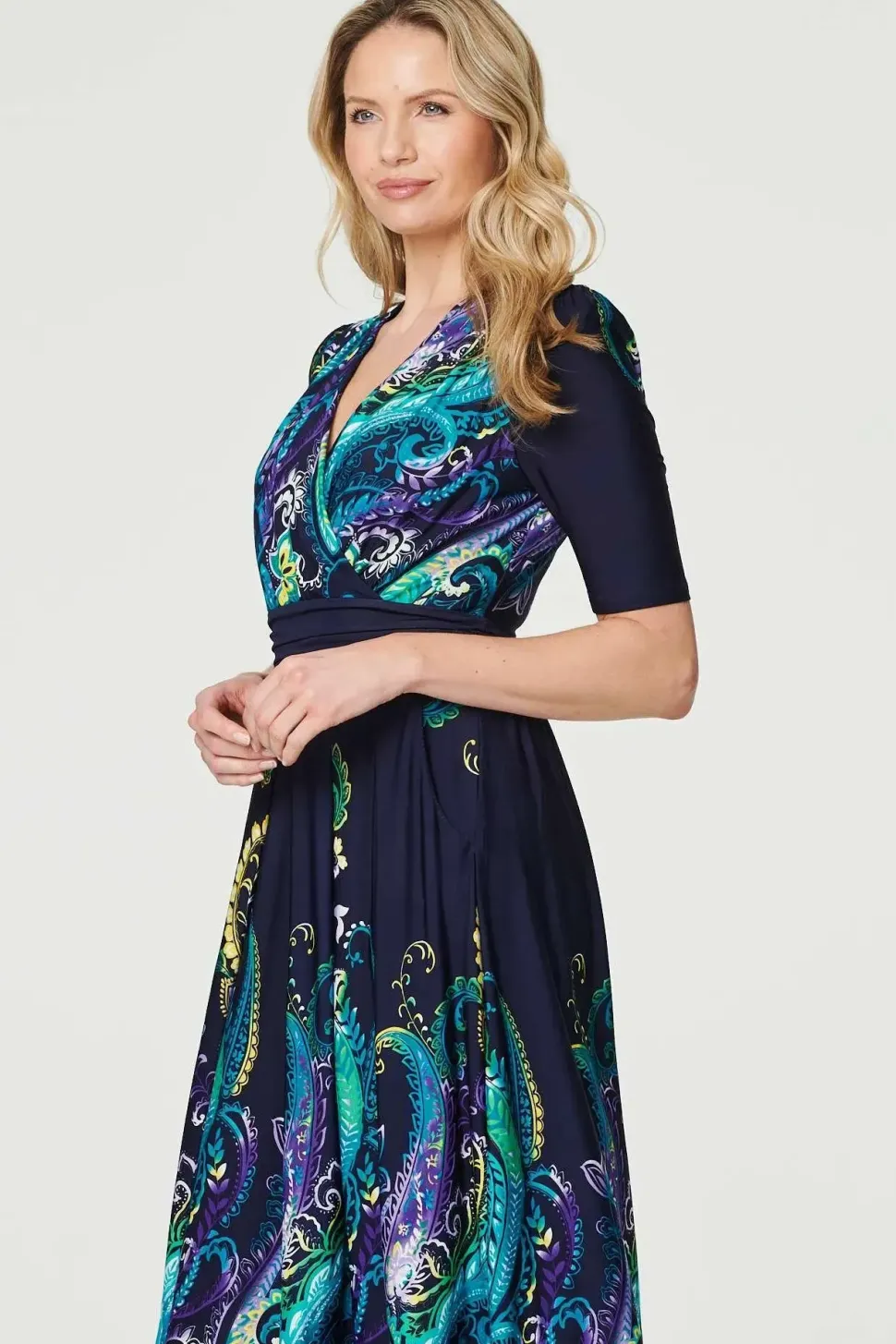 Printed Ruched Waist Midi Dress