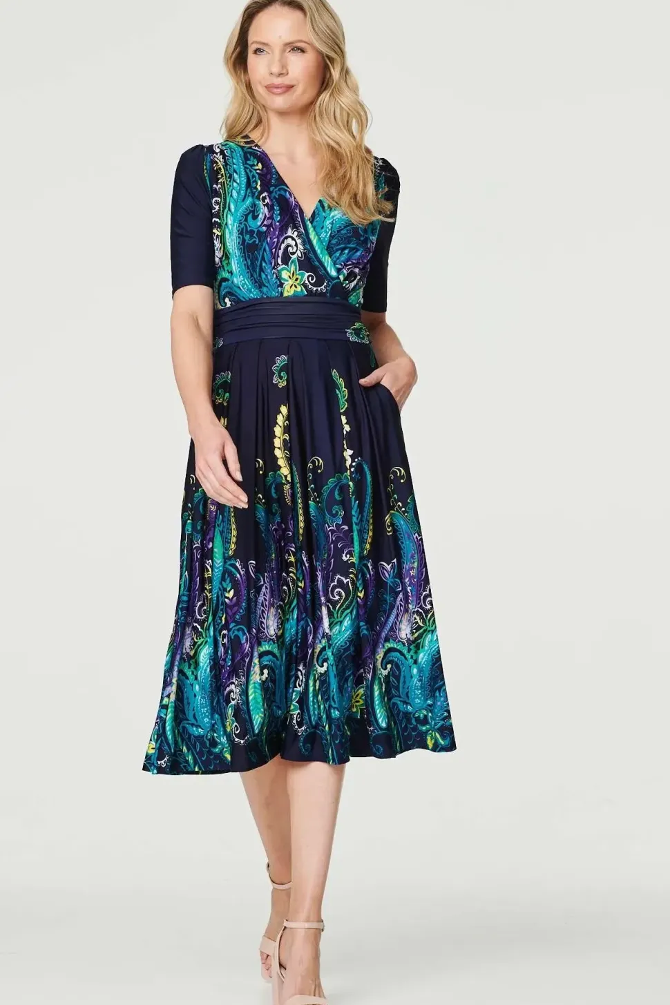 Printed Ruched Waist Midi Dress