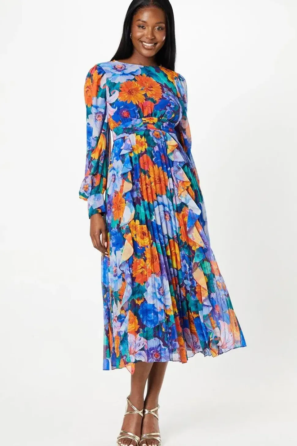 Printed Ruffle And Pleated Midi Wedding Guest Dress With Blouson Sleeve