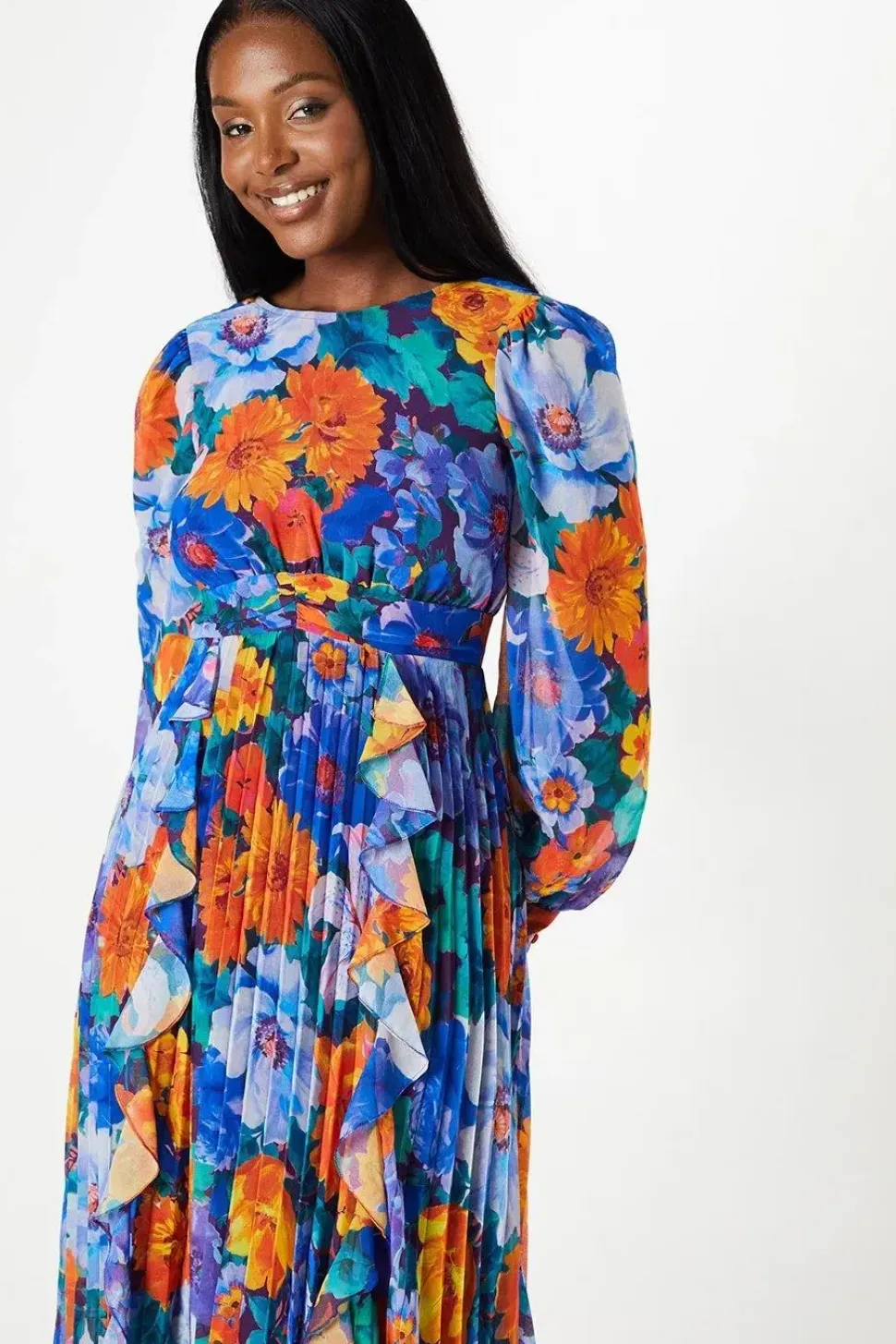 Printed Ruffle And Pleated Midi Wedding Guest Dress With Blouson Sleeve