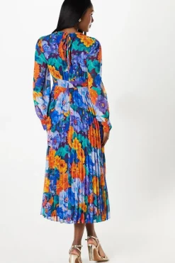 Printed Ruffle And Pleated Midi Wedding Guest Dress With Blouson Sleeve