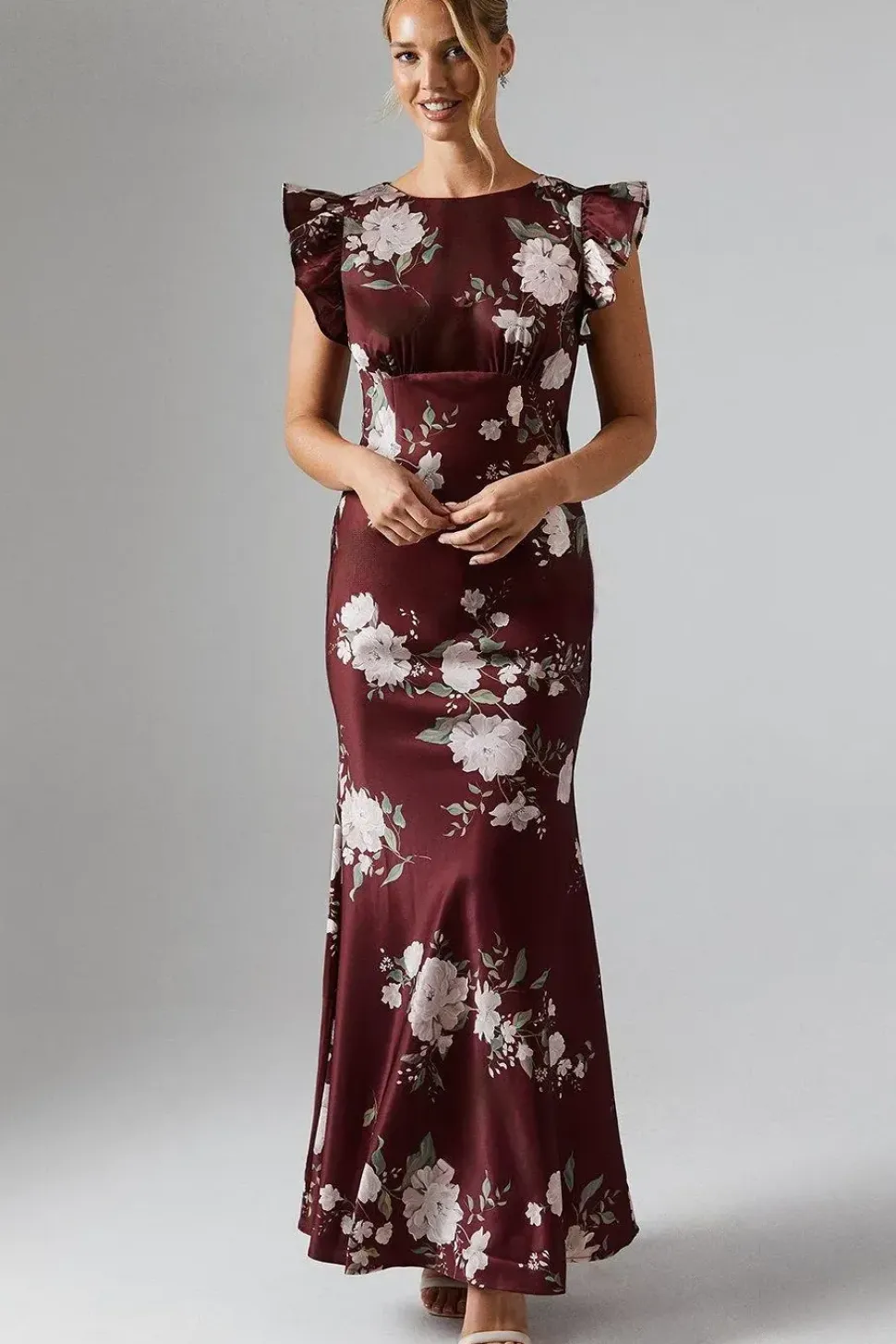 Printed Ruffle Angel Sleeve Crepe Bridesmaid Maxi Dress