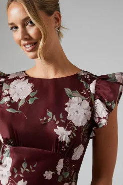 Printed Ruffle Angel Sleeve Crepe Bridesmaid Maxi Dress