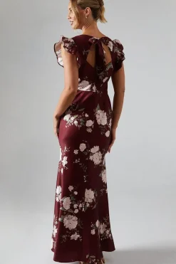 Printed Ruffle Angel Sleeve Crepe Bridesmaid Maxi Dress