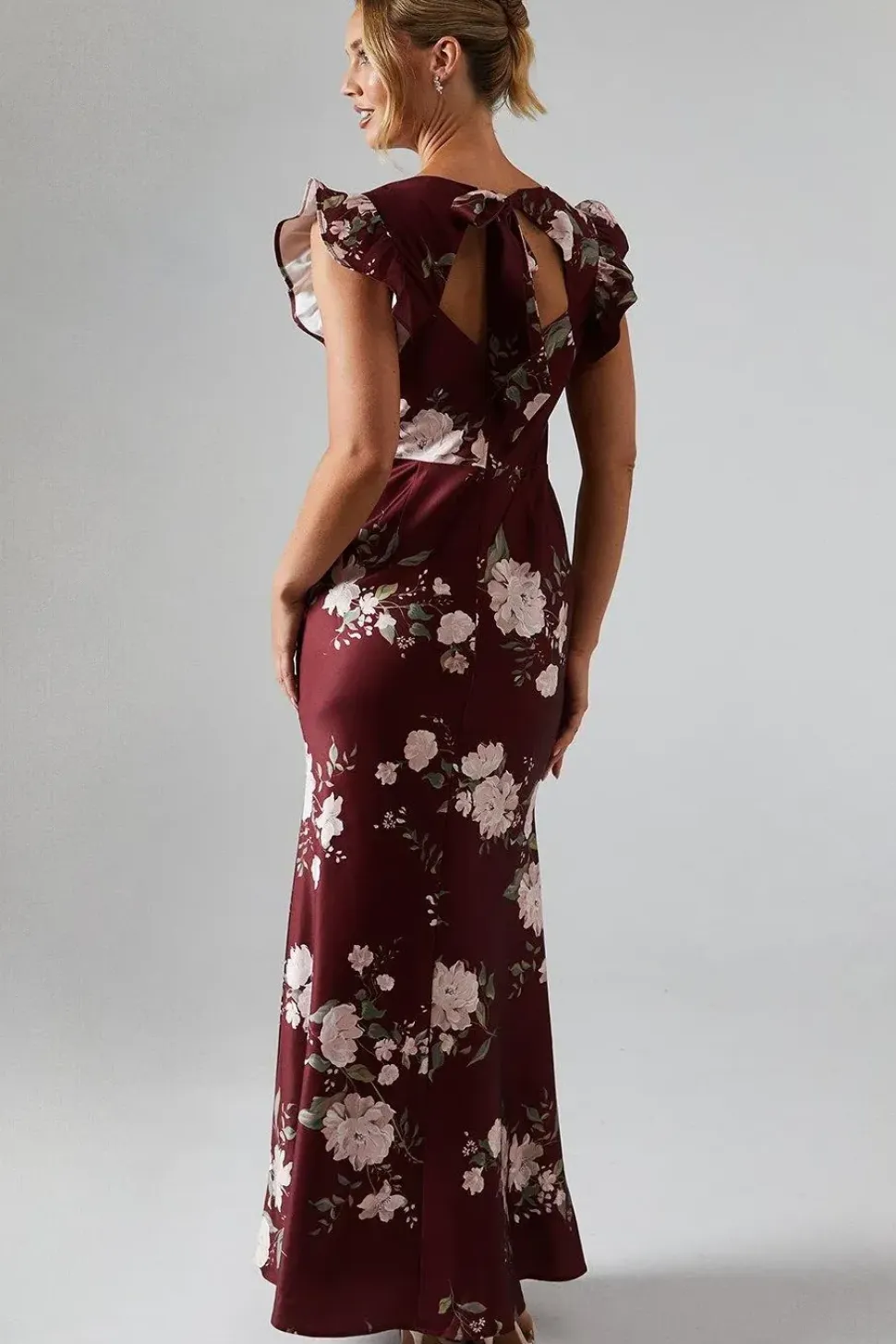 Printed Ruffle Angel Sleeve Crepe Bridesmaid Maxi Dress