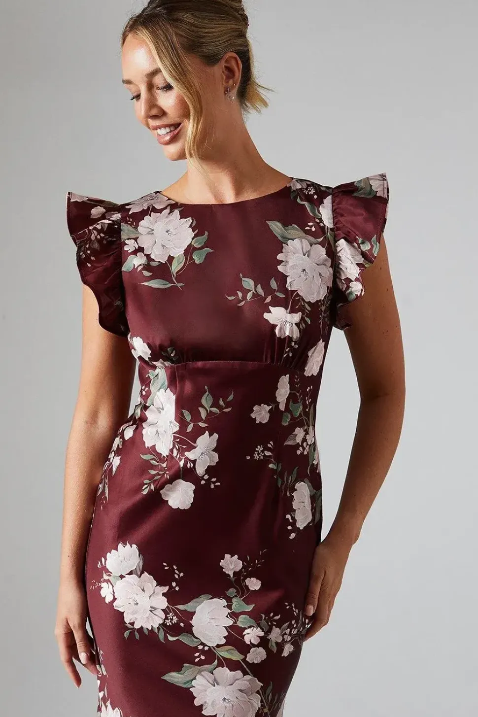 Printed Ruffle Angel Sleeve Crepe Bridesmaid Maxi Dress