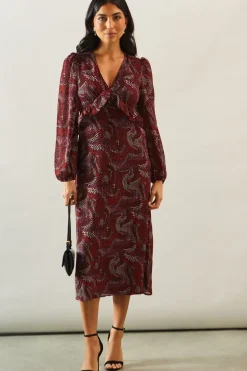 Printed Ruffle Detail V Neck Midi Dress