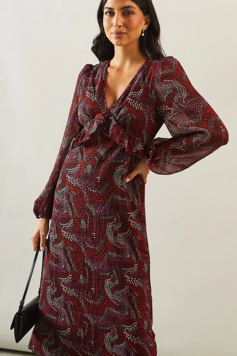 Printed Ruffle Detail V Neck Midi Dress
