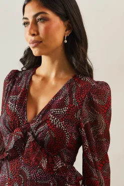 Printed Ruffle Detail V Neck Midi Dress