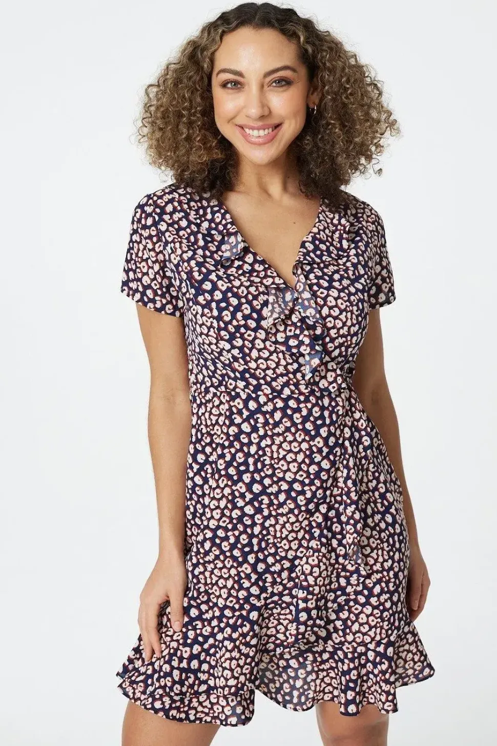Printed Ruffle Front Wrap Dress