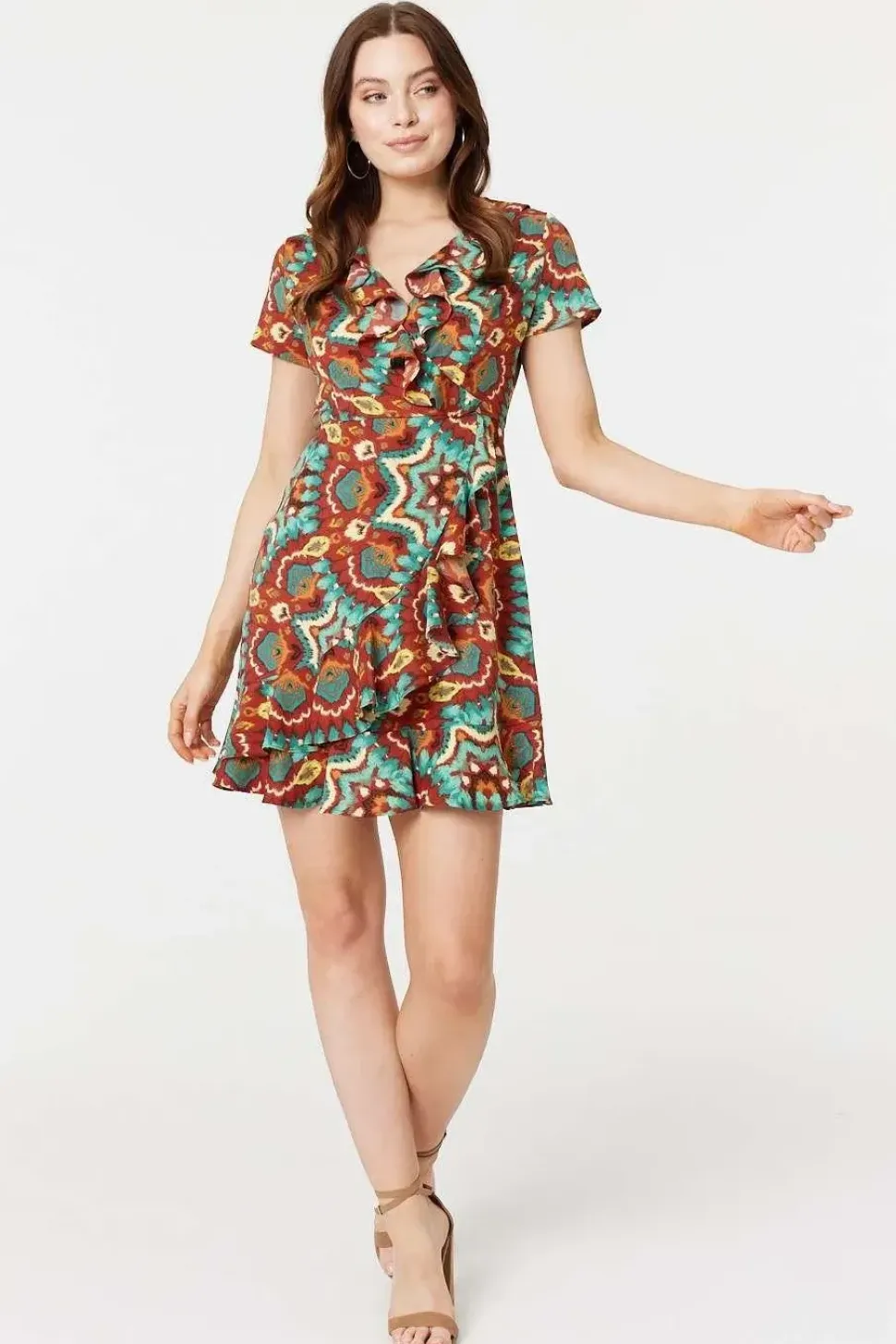 Printed Ruffle Front Wrap Dress