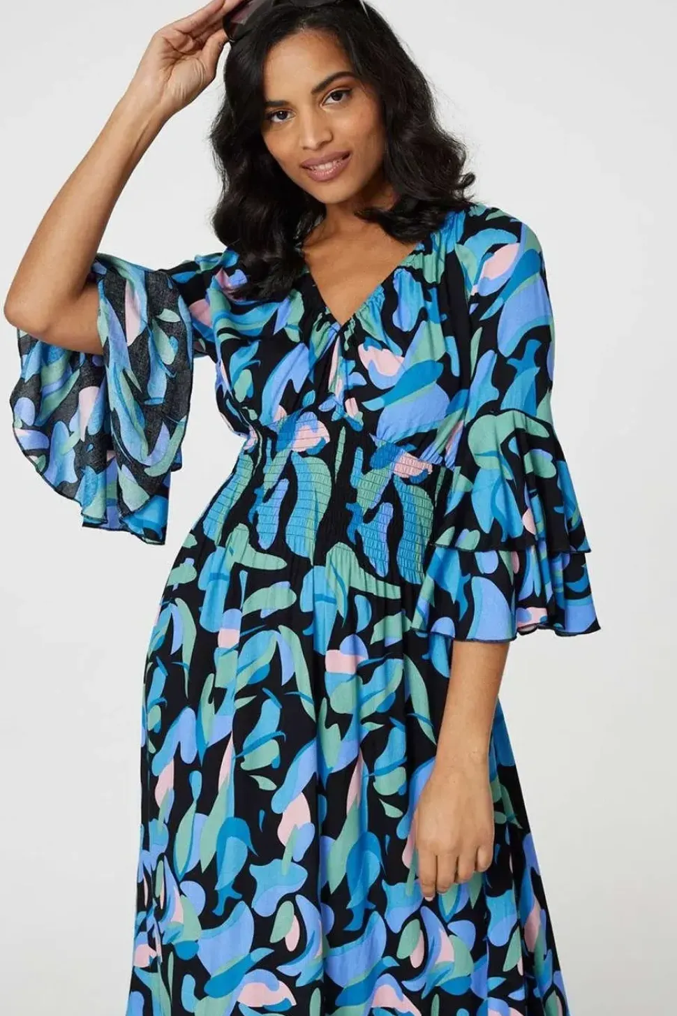 Printed Ruffle Hem Empire Maxi Dress