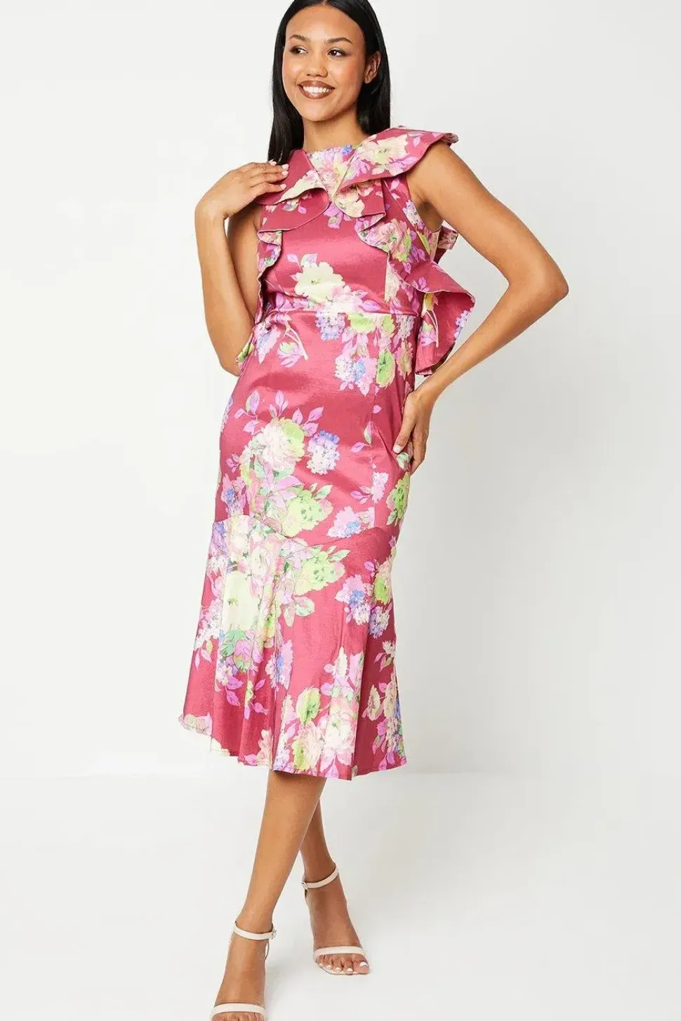 Printed Ruffle Sleeve Midi Wedding Guest Dress