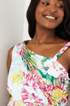 Printed Satin Asymmetric Pleated Dress