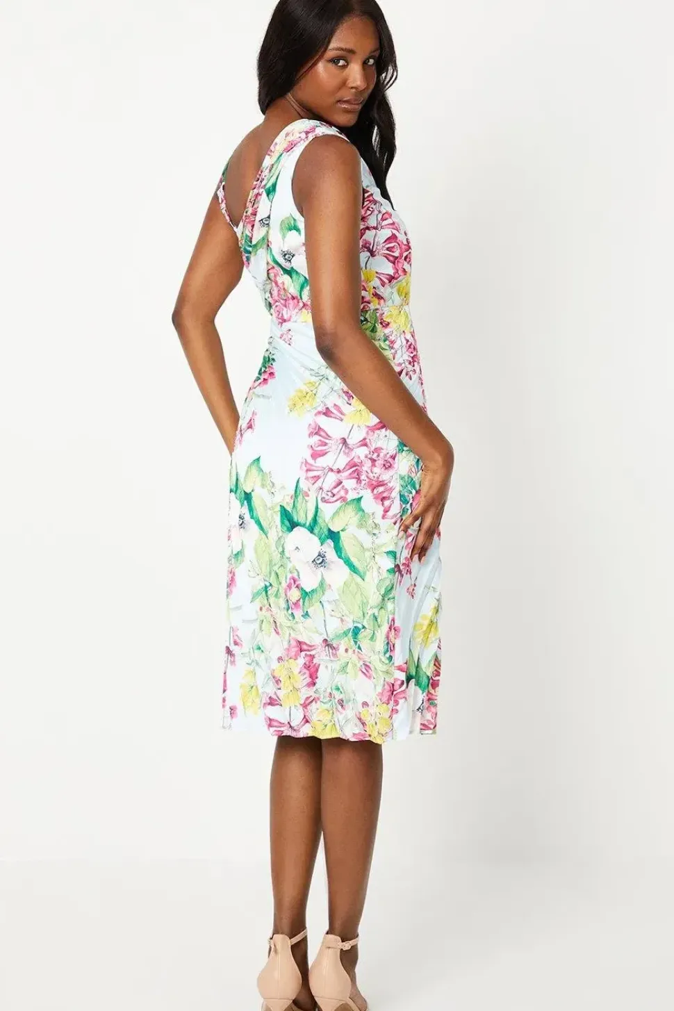 Printed Satin Asymmetric Pleated Dress