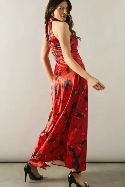Printed Satin Halterneck Maxi Dress
