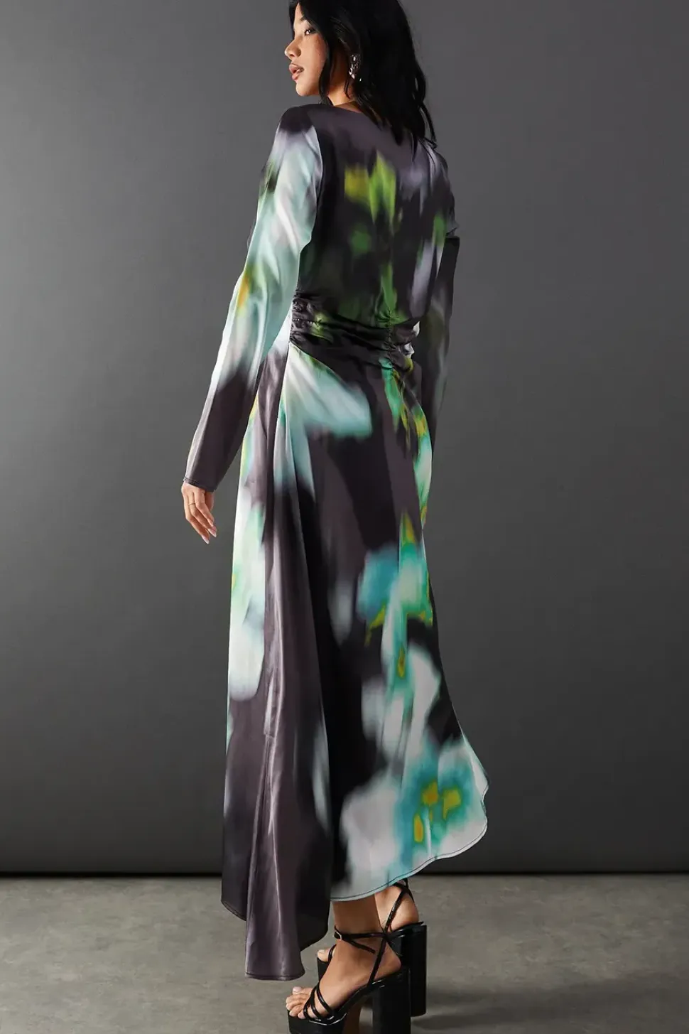 Printed Satin Knot Front Asymmetric Hem Midi Dress