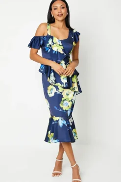 Printed Satin Ruffle Pencil Dress With Flute Hem