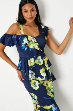 Printed Satin Ruffle Pencil Dress With Flute Hem