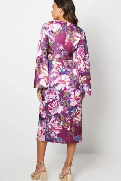 Printed Satin Wrap Dress With Flare Sleeve