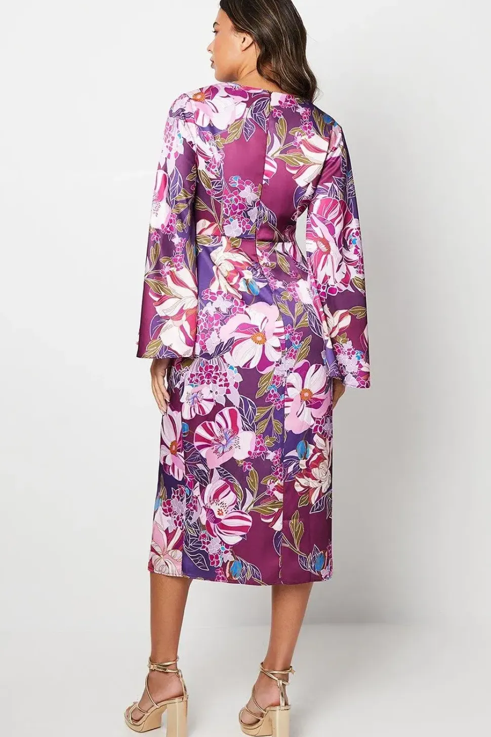 Printed Satin Wrap Dress With Flare Sleeve