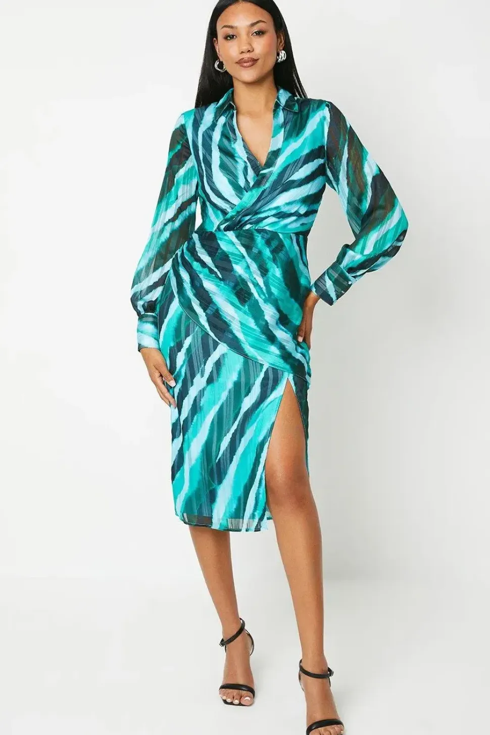 Printed Satin Wrap Front Shirt Dress