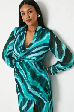 Printed Satin Wrap Front Shirt Dress