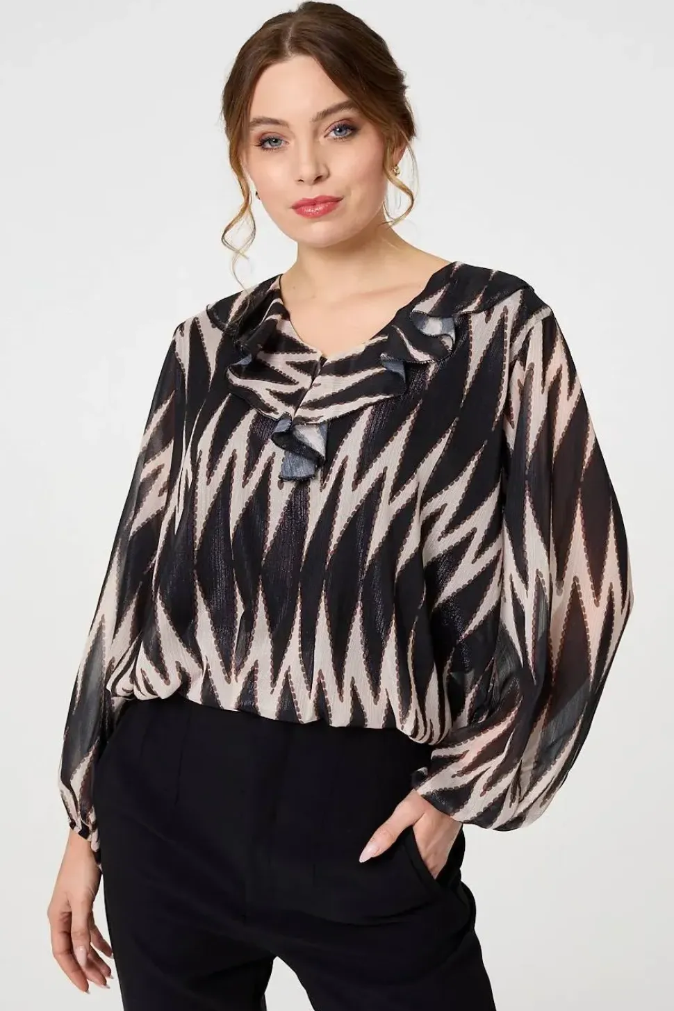 Printed Semi Sheer Ruffled V-Neck Blouse
