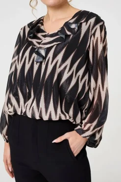 Printed Semi Sheer Ruffled V-Neck Blouse