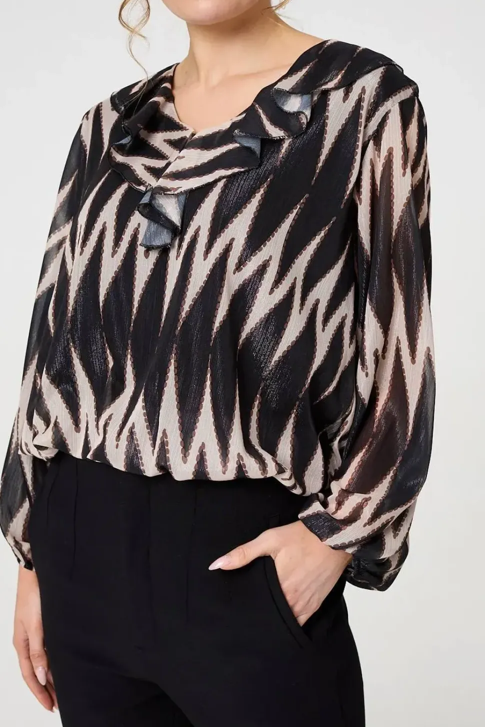 Printed Semi Sheer Ruffled V-Neck Blouse