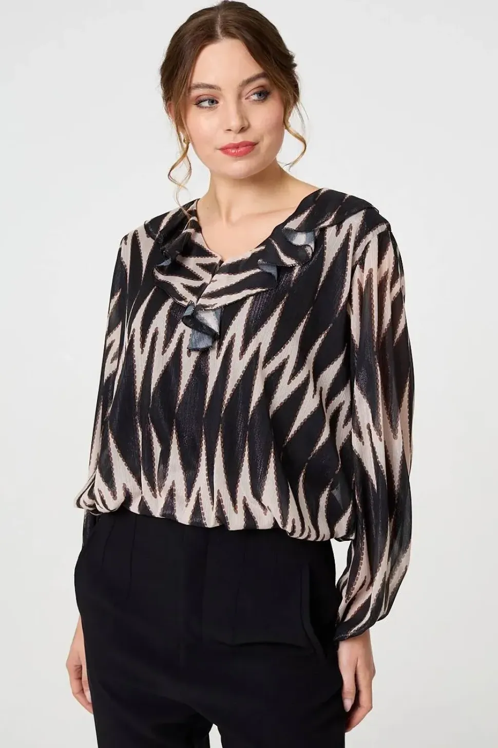 Printed Semi Sheer Ruffled V-Neck Blouse