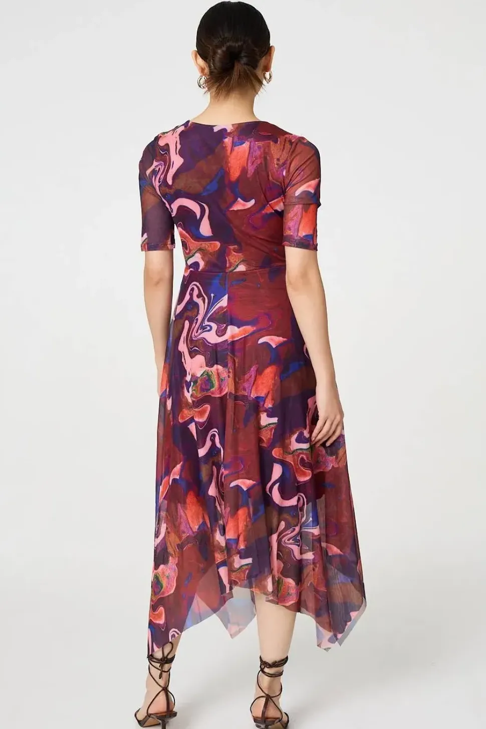 Printed Semi Sheer 1/2 Sleeve Midi Dress