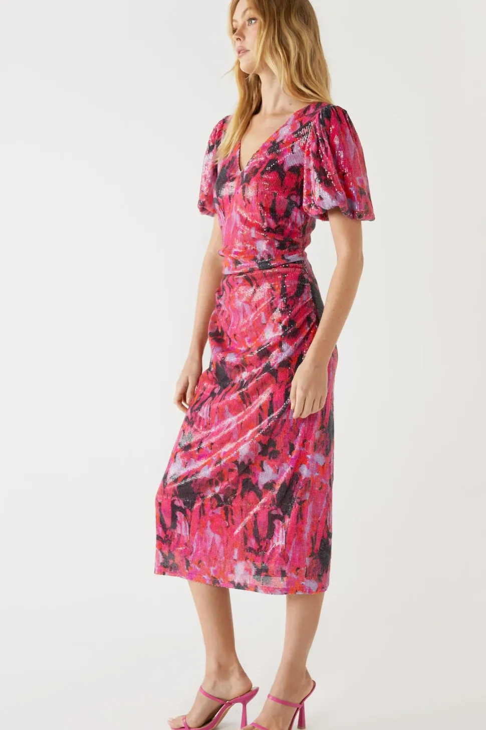 Printed Sequin Puff Sleeve Ruched Midi Dress