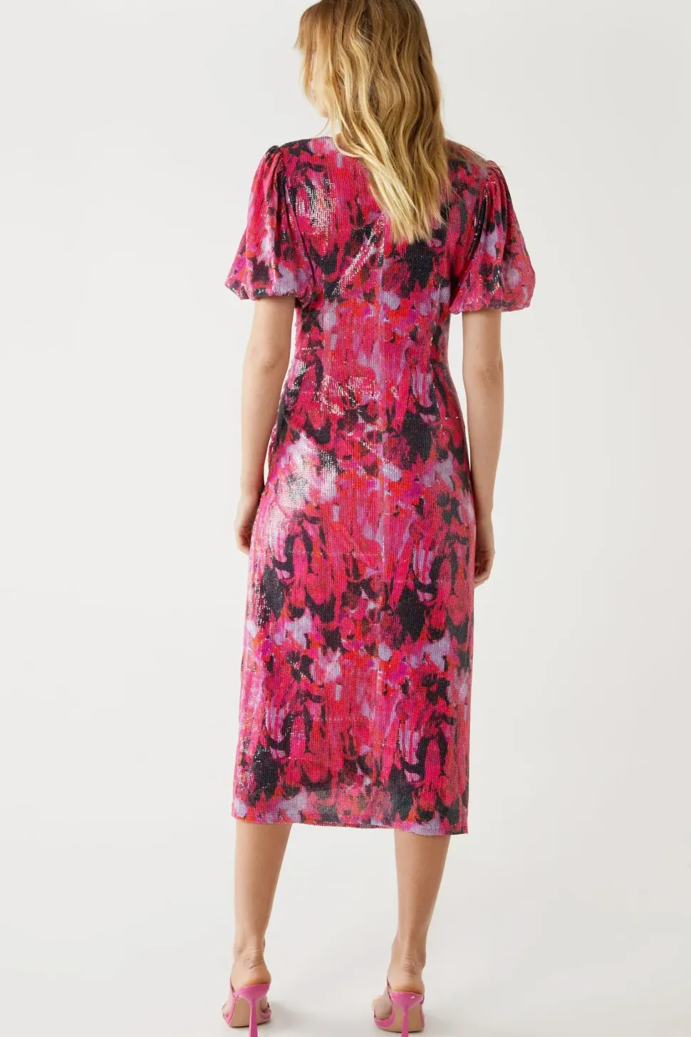 Printed Sequin Puff Sleeve Ruched Midi Dress