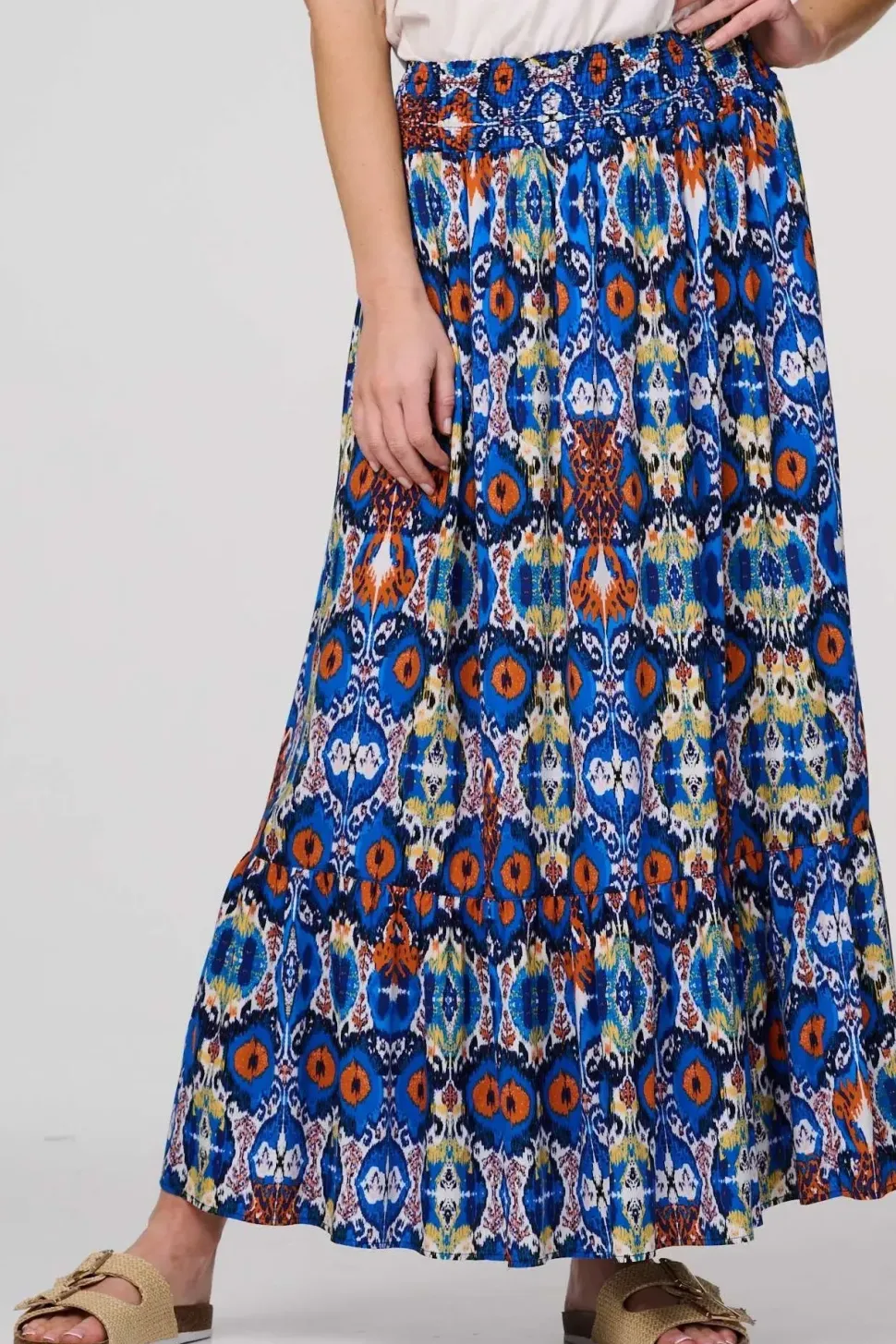 Printed Shirred High Waist Maxi Skirt