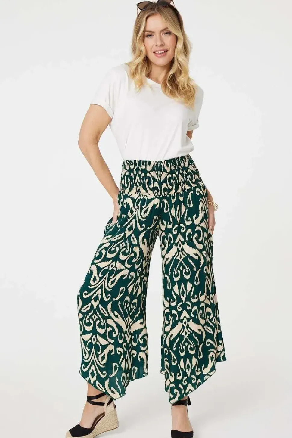 Printed Shirred Waist Wide Leg Trousers