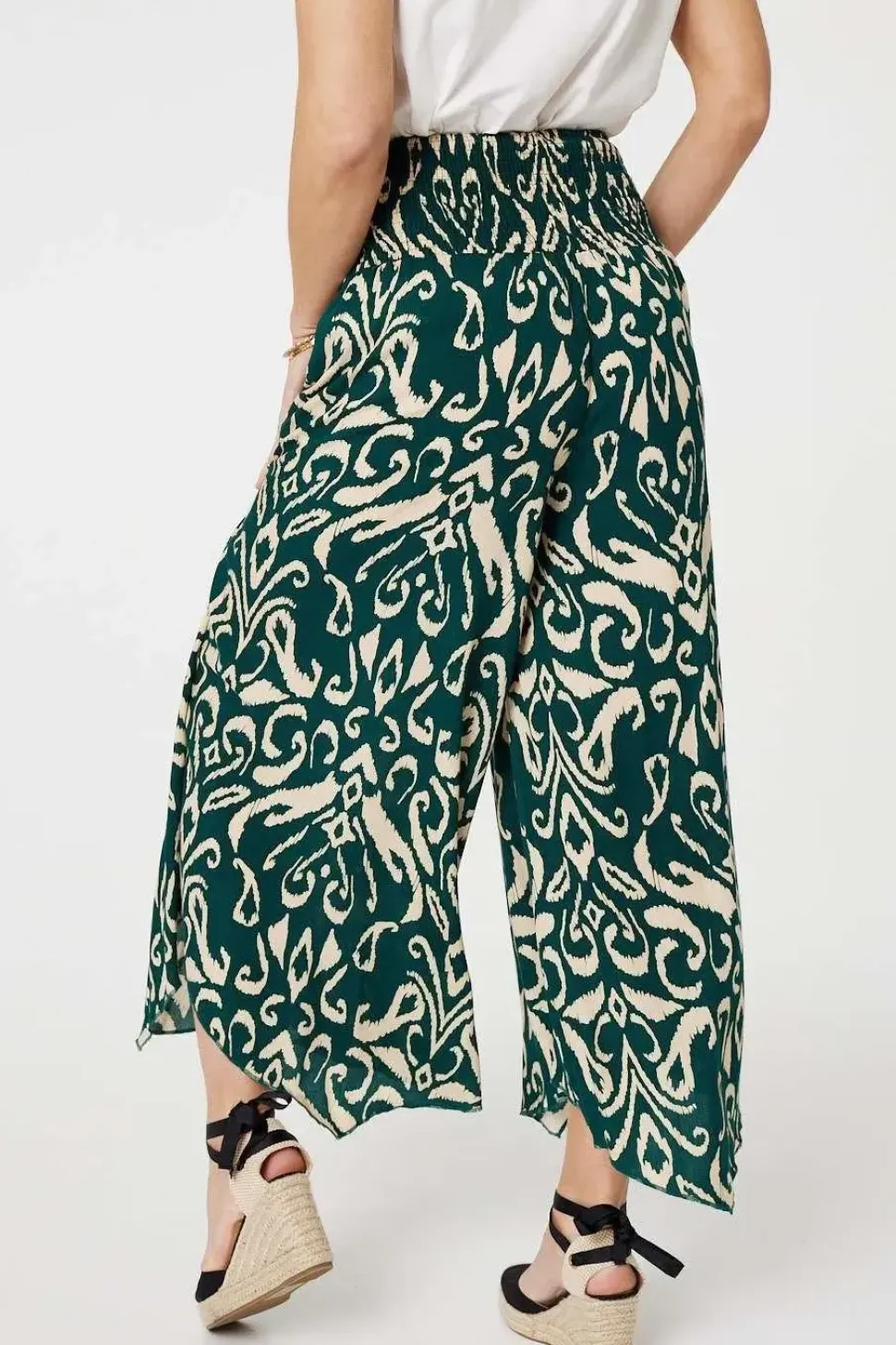 Printed Shirred Waist Wide Leg Trousers