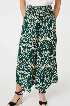 Printed Shirred Waist Wide Leg Trousers