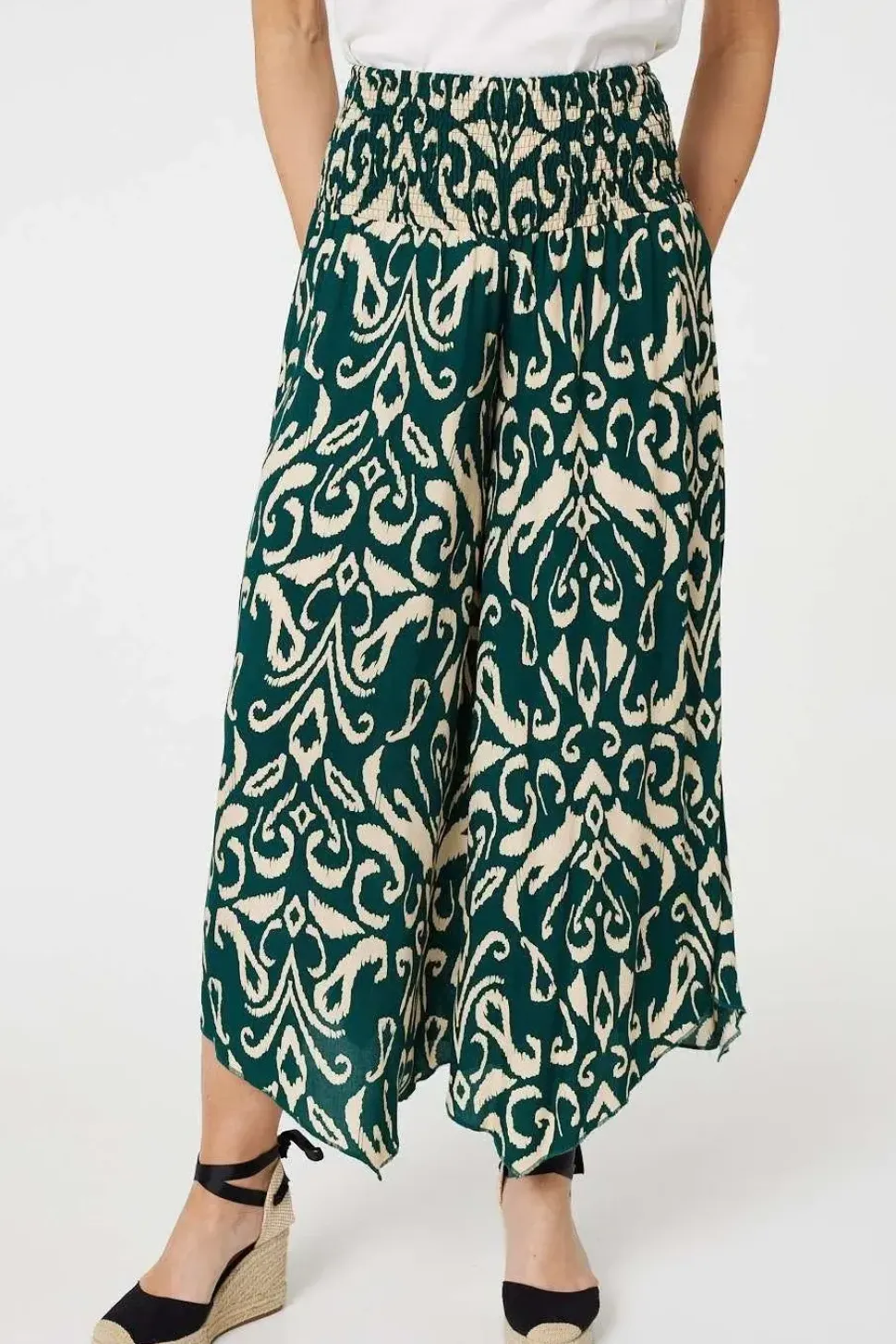 Printed Shirred Waist Wide Leg Trousers