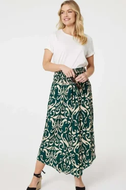 Printed Shirred Waist Wide Leg Trousers