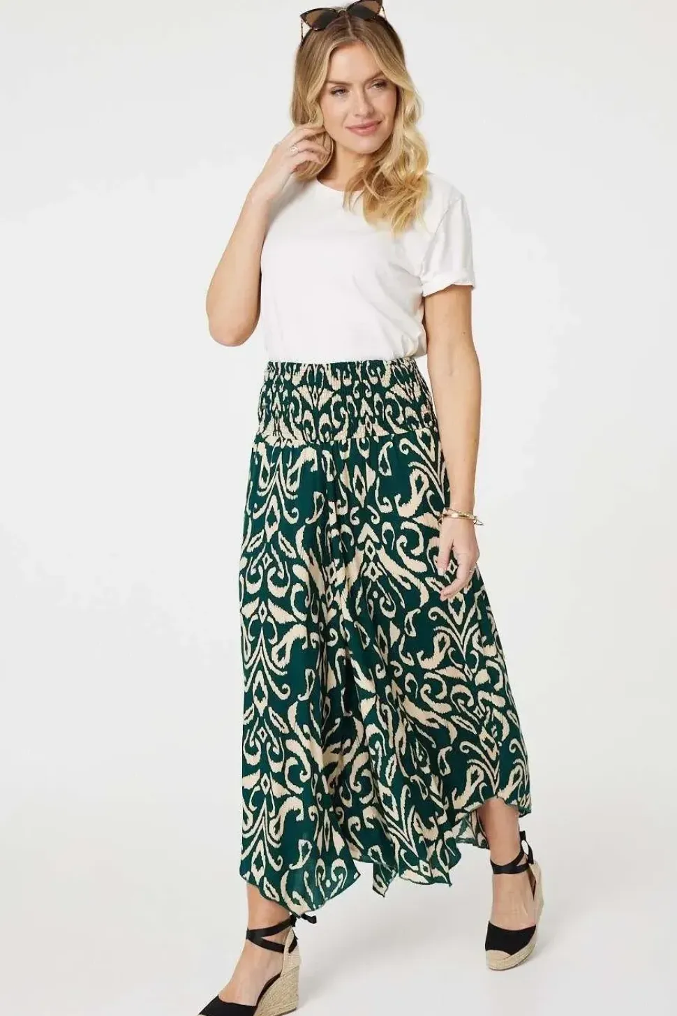 Printed Shirred Waist Wide Leg Trousers