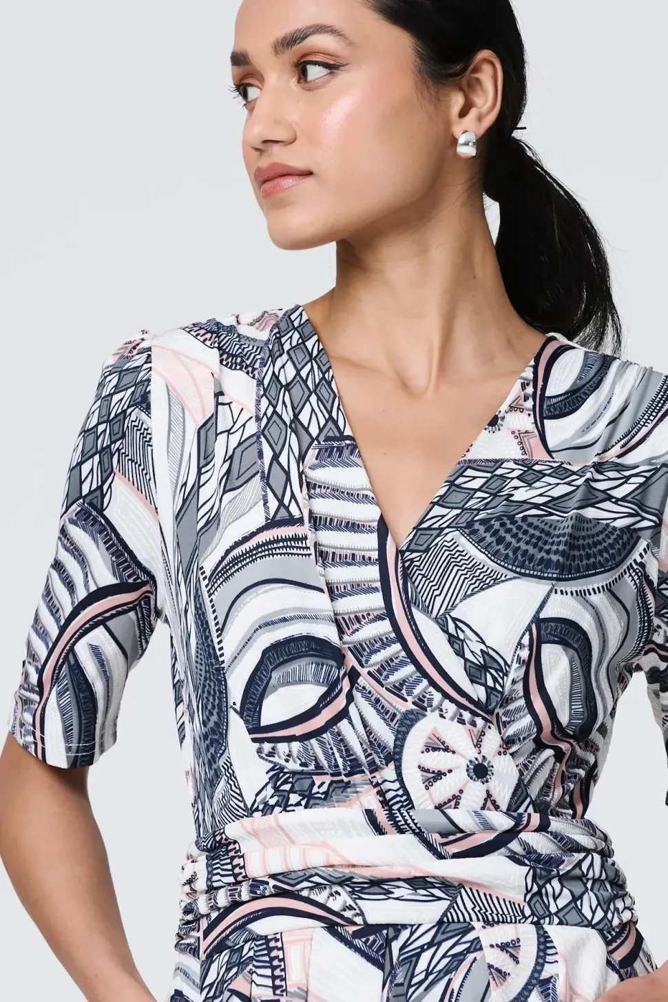 Printed 1/2 Sleeve Knee Length Wrap Dress