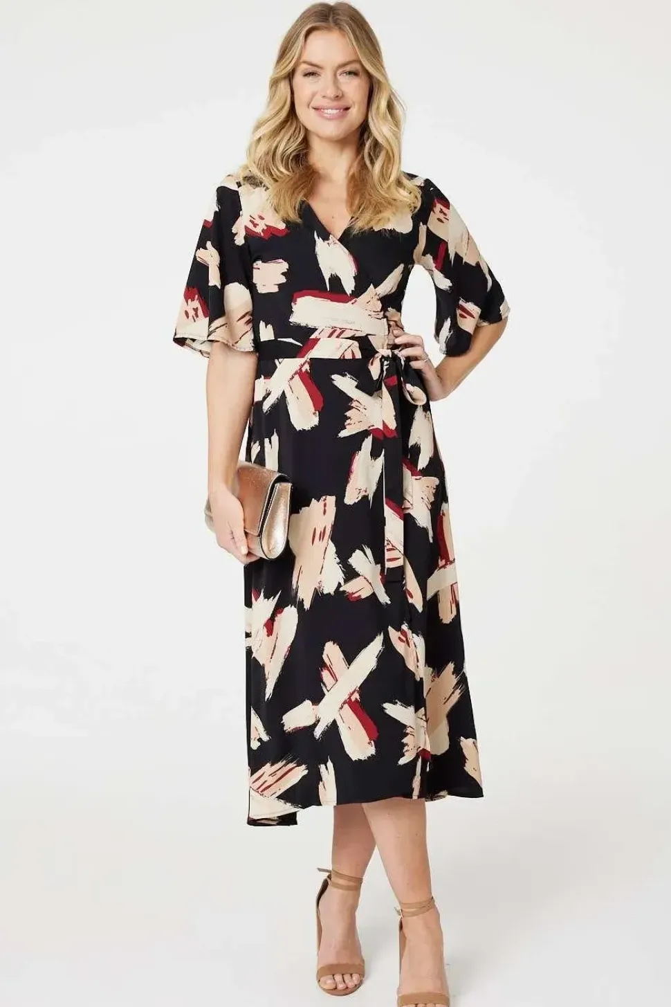 Printed 1/2 Sleeve Midi Wrap Dress